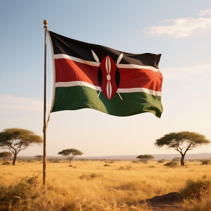 A Photorealistic Kenyan Flag Waving Over A Golden Savannah With Distant Acacia Trees.
