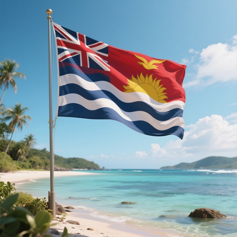 A Photorealistic Kiribati Flag Fluttering Beside A Shallow Pacific Lagoon.