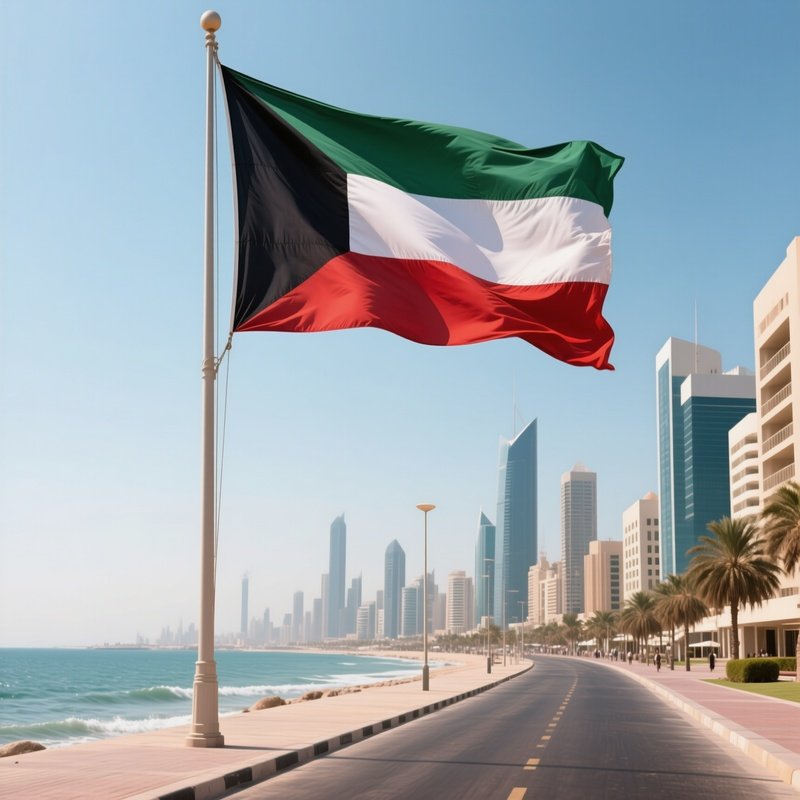 A Photorealistic Kuwaiti Flag Waving Above A Modern Coastal Boulevard.