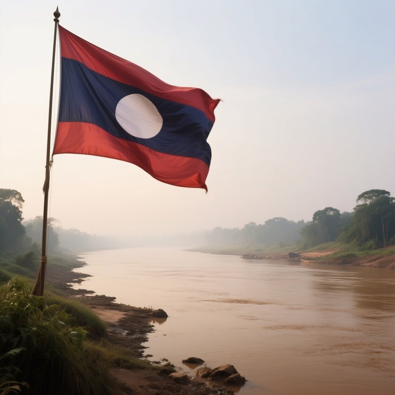 A Photorealistic Laotian Flag Waving Beside A Wide Muddy River In Soft Morning Haze.