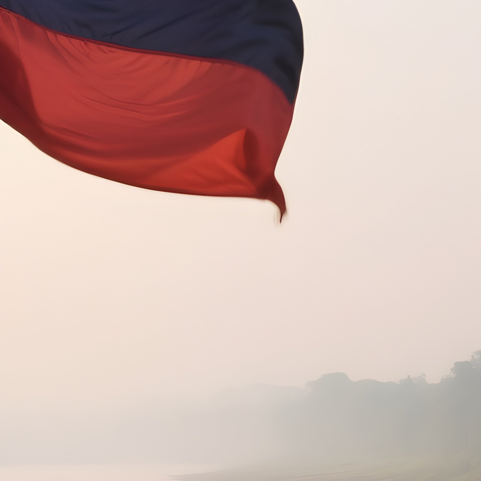 A Photorealistic Laotian Flag Waving Beside A Wide Muddy River In Soft Morning Haze. - Full Resolution Quality Preview