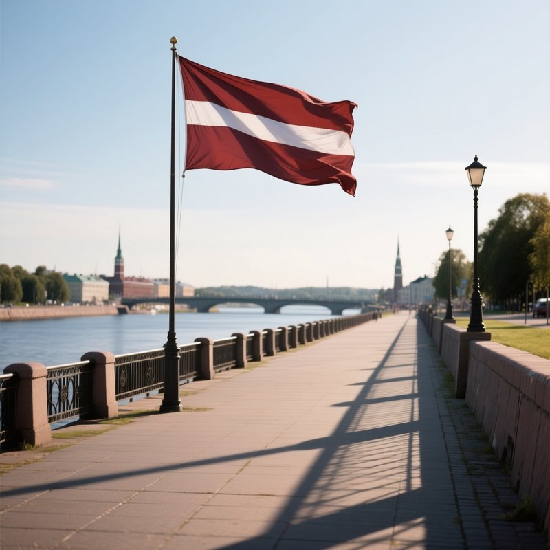 A Photorealistic Latvian Flag Waving Beside A Riverside Promenade With Long Shadows Across The Pavement.