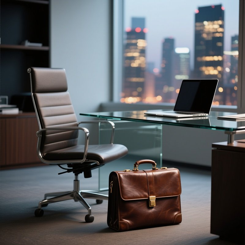 A Photorealistic Leather Briefcase Beside A Modern Office Chair With A Glass Desk, Open Laptop, And City Lights In The Background.