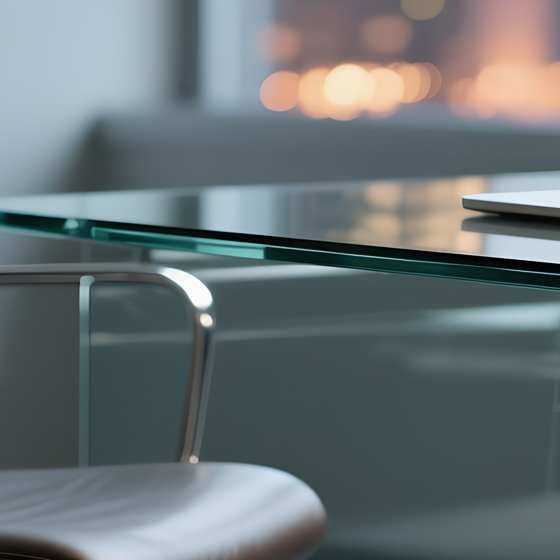 A Photorealistic Leather Briefcase Beside A Modern Office Chair With A Glass Desk, Open Laptop, And City Lights In The Background. - Full Resolution Quality Preview