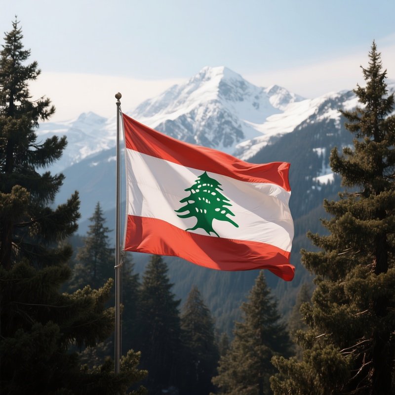A Photorealistic Lebanese Flag Fluttering Near Cedar Forests With Distant Snowy Peaks.
