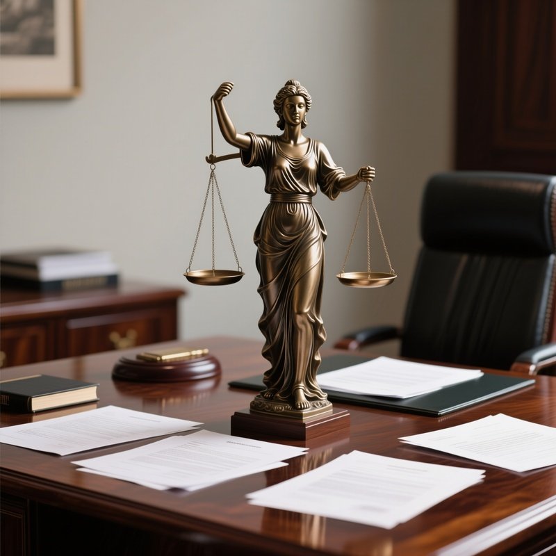 A Photorealistic Legal Scale Statue Standing On A Mahogany Desk With Contract Drafts Surrounding It.