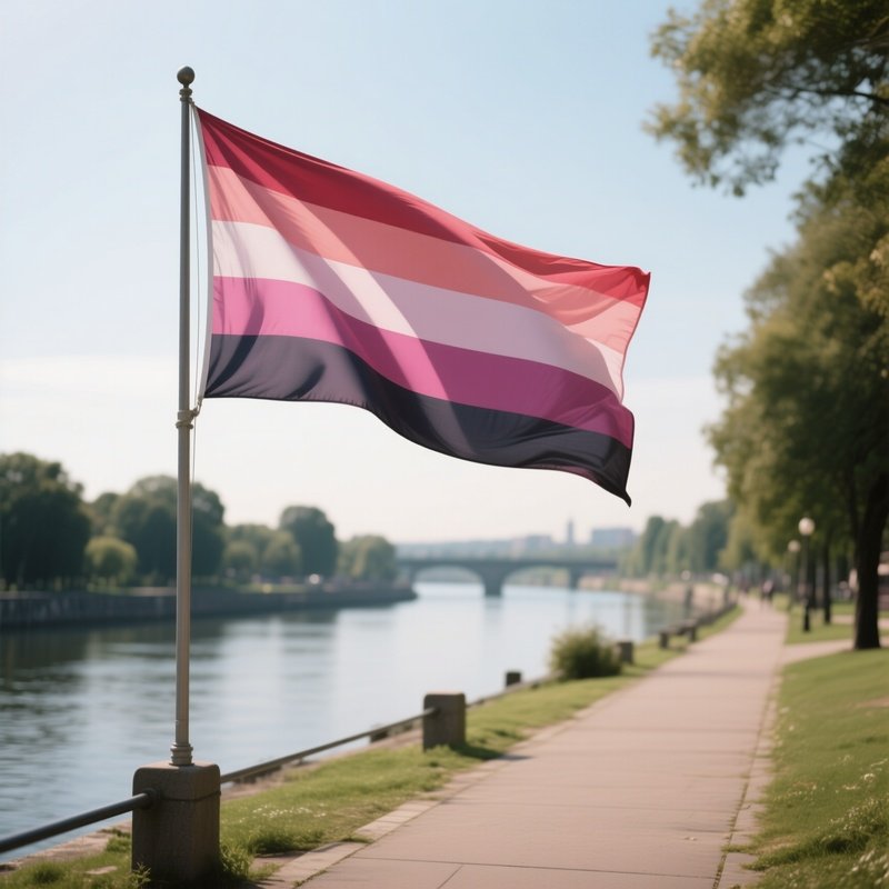 A Photorealistic Lesbian Flag Waving In Gentle Wind Near A Peaceful Riverside Walkway.