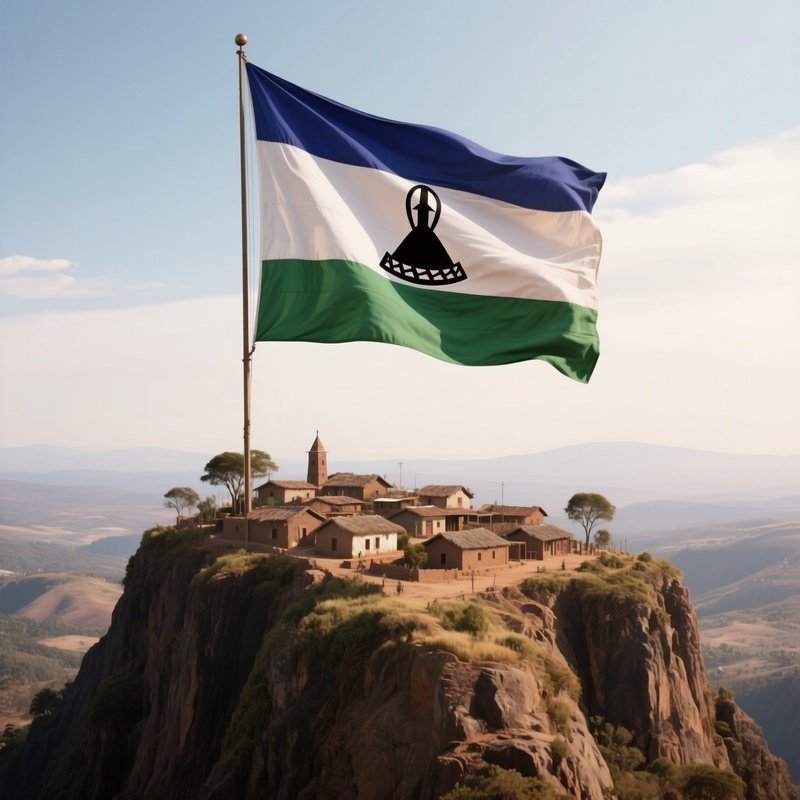 A Photorealistic Lesotho Flag Waving Atop A High Plateau Village.