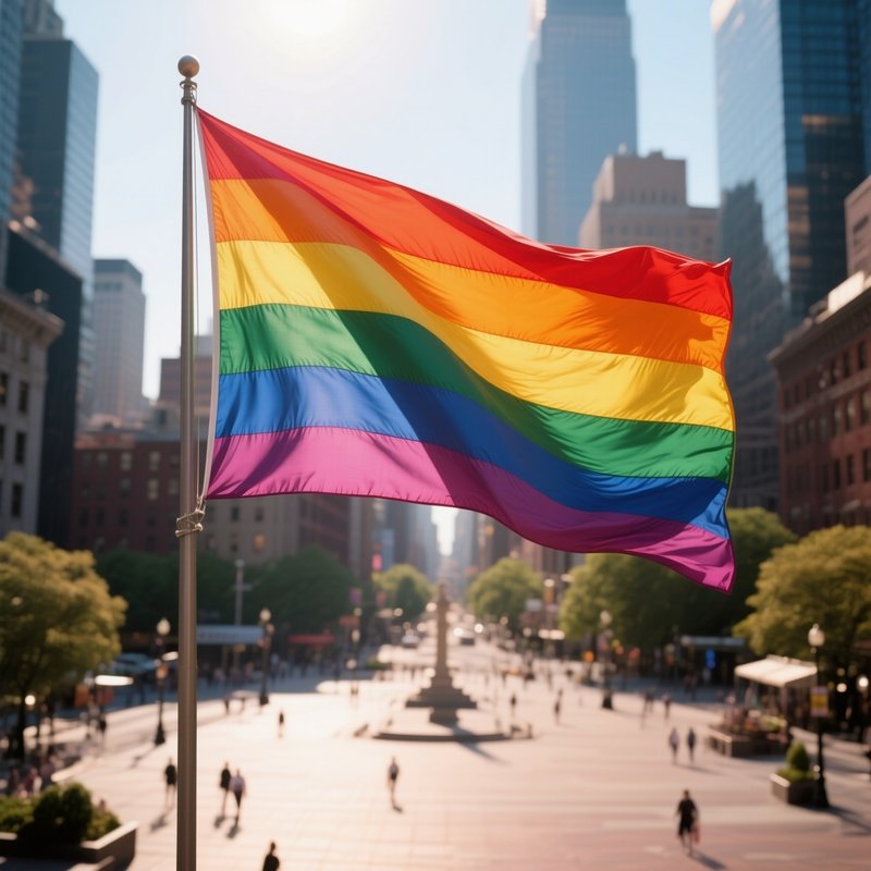 A Photorealistic Lgbtqi+ Rainbow Flag Waving Brightly Above A City Plaza During Warm Afternoon Light.