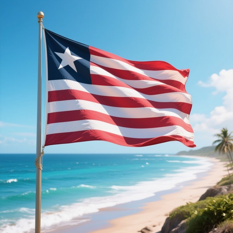 A Photorealistic Liberian Flag Fluttering Beside A Bright Atlantic Shoreline.