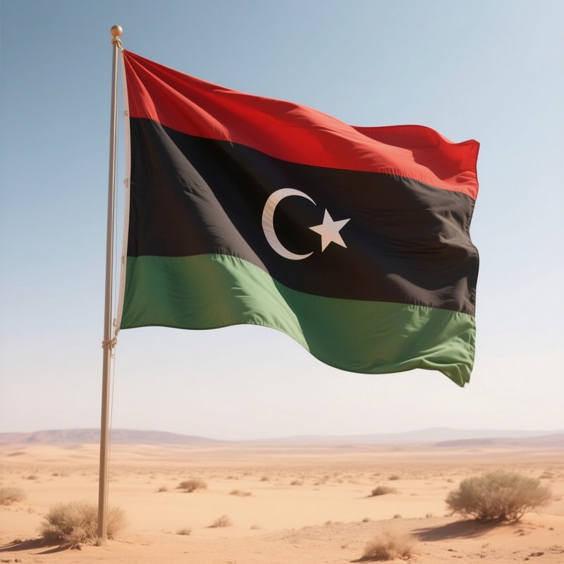 A Photorealistic Libyan Flag Waving Over An Open Desert Plain.