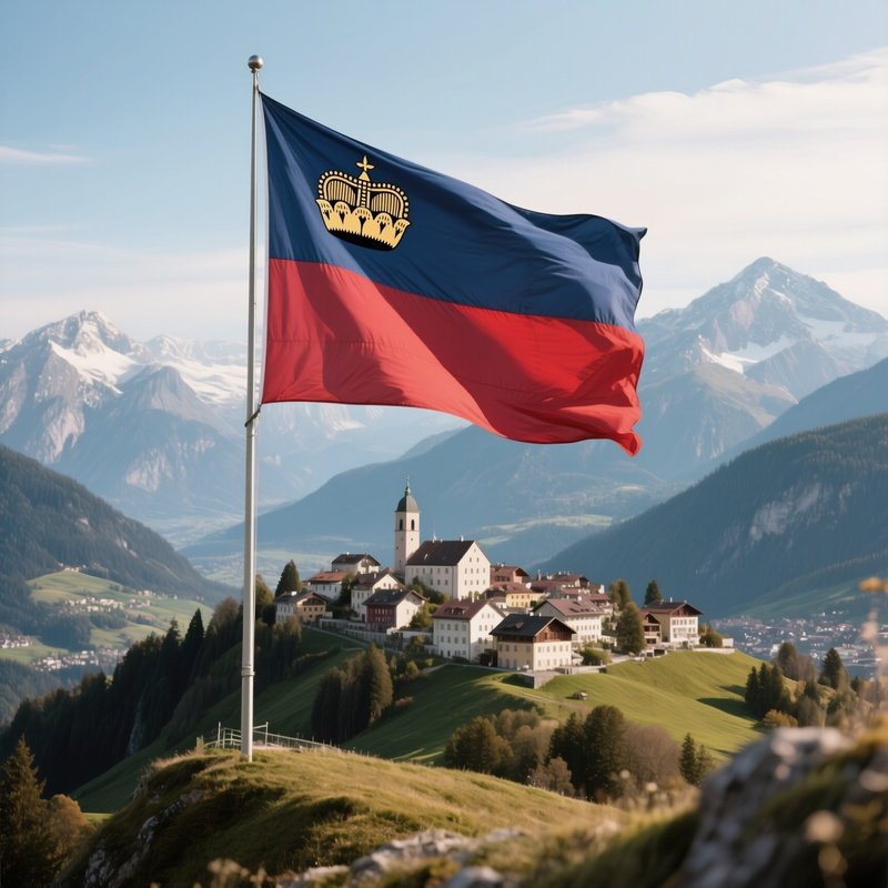 A Photorealistic Liechtenstein Flag Fluttering Above A Hilltop Town In The Alps.