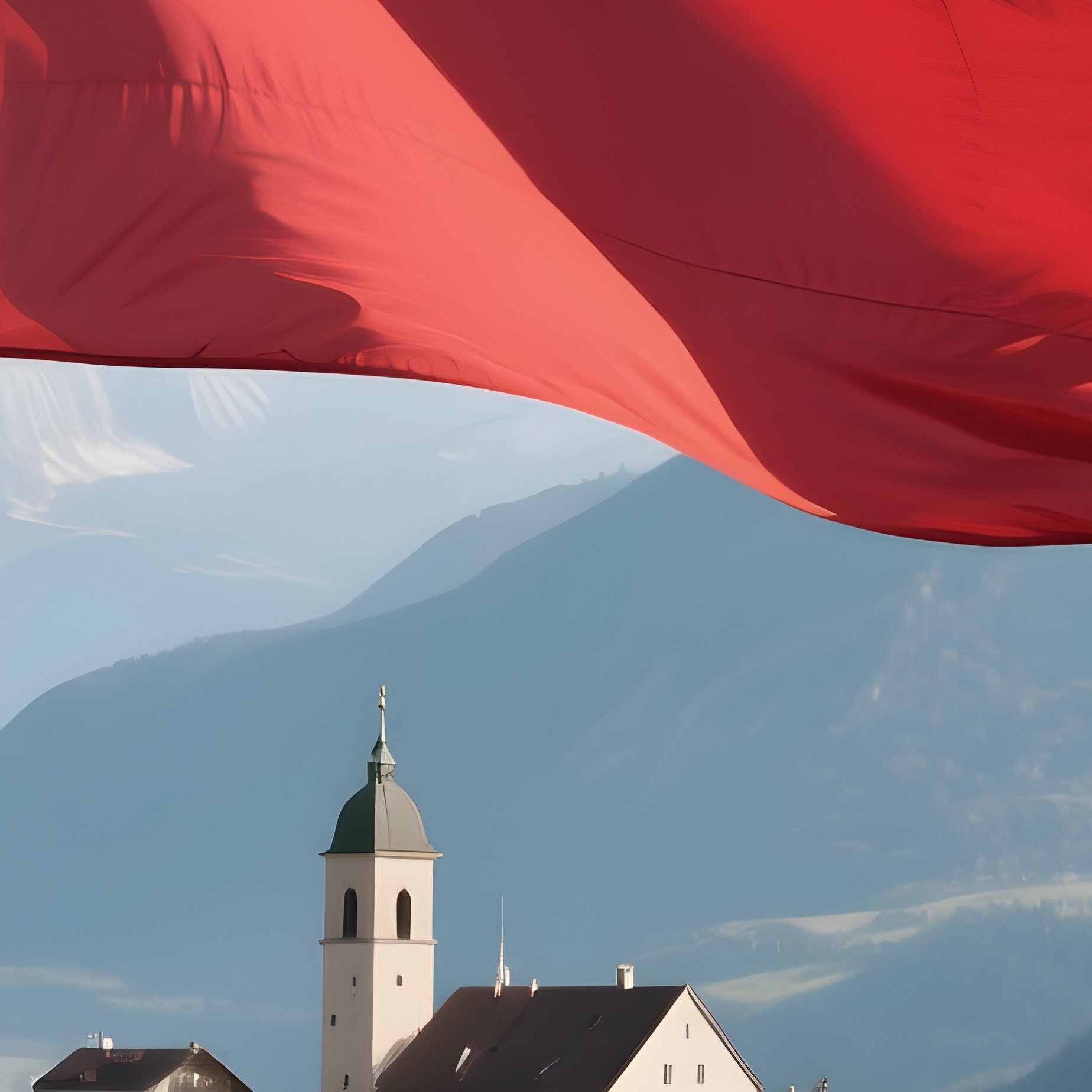 A Photorealistic Liechtenstein Flag Fluttering Above A Hilltop Town In The Alps. - Full Resolution Quality Preview