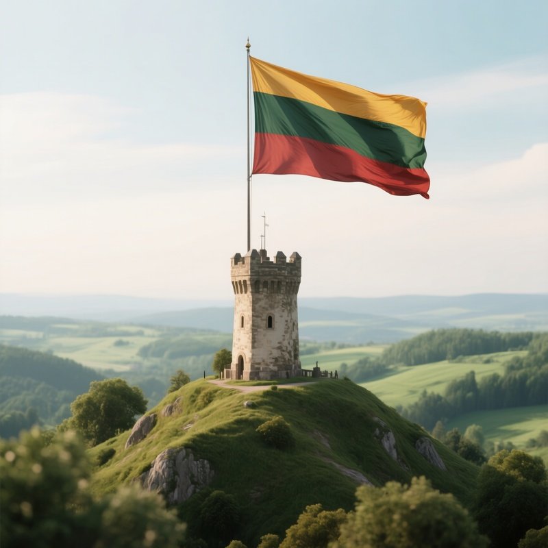 A Photorealistic Lithuanian Flag Flying Above A Hilltop Tower Surrounded By Soft Green Landscape.