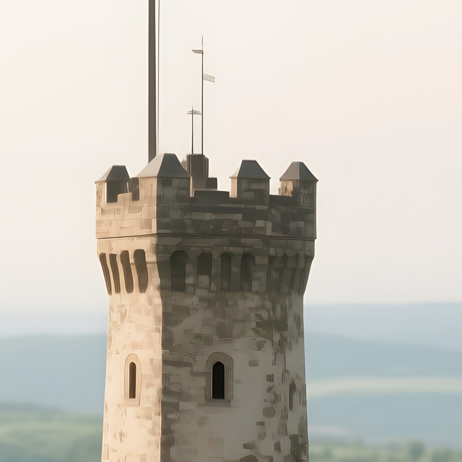A Photorealistic Lithuanian Flag Flying Above A Hilltop Tower Surrounded By Soft Green Landscape. - Full Resolution Quality Preview