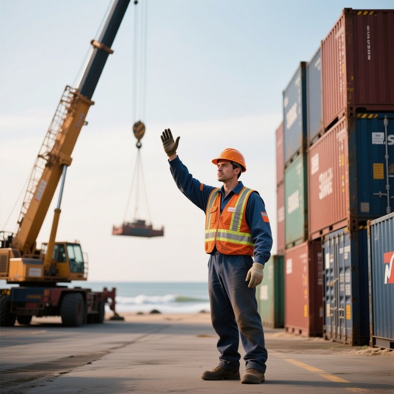 A Photorealistic Longshore Worker Signaling Crane Operators With Hand Gestures Beside Stacked Cargo.