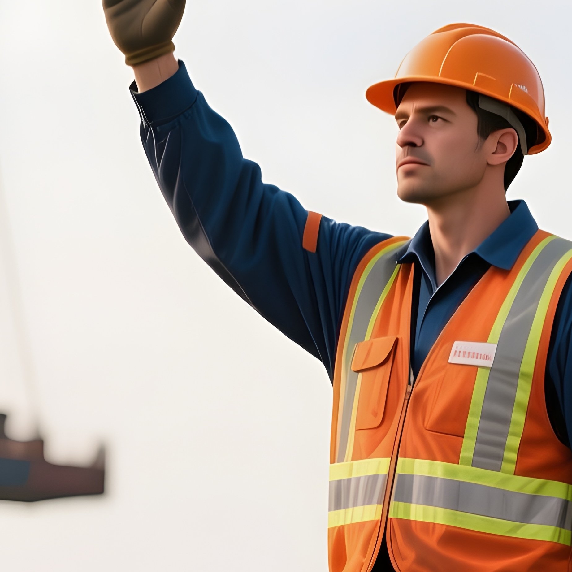 A Photorealistic Longshore Worker Signaling Crane Operators With Hand Gestures Beside Stacked Cargo. - Full Resolution Quality Preview