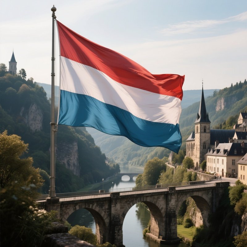 A Photorealistic Luxembourgish Flag Waving On A Bridge Overlooking A Historic Valley.