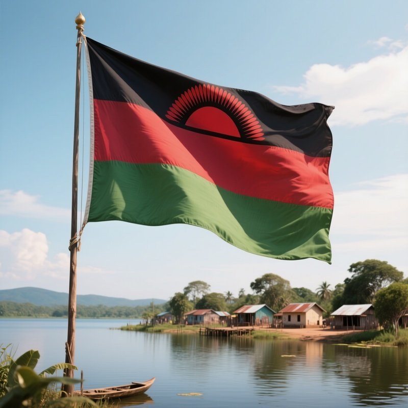 A Photorealistic Malawian Flag Fluttering Near A Lakeside Village.