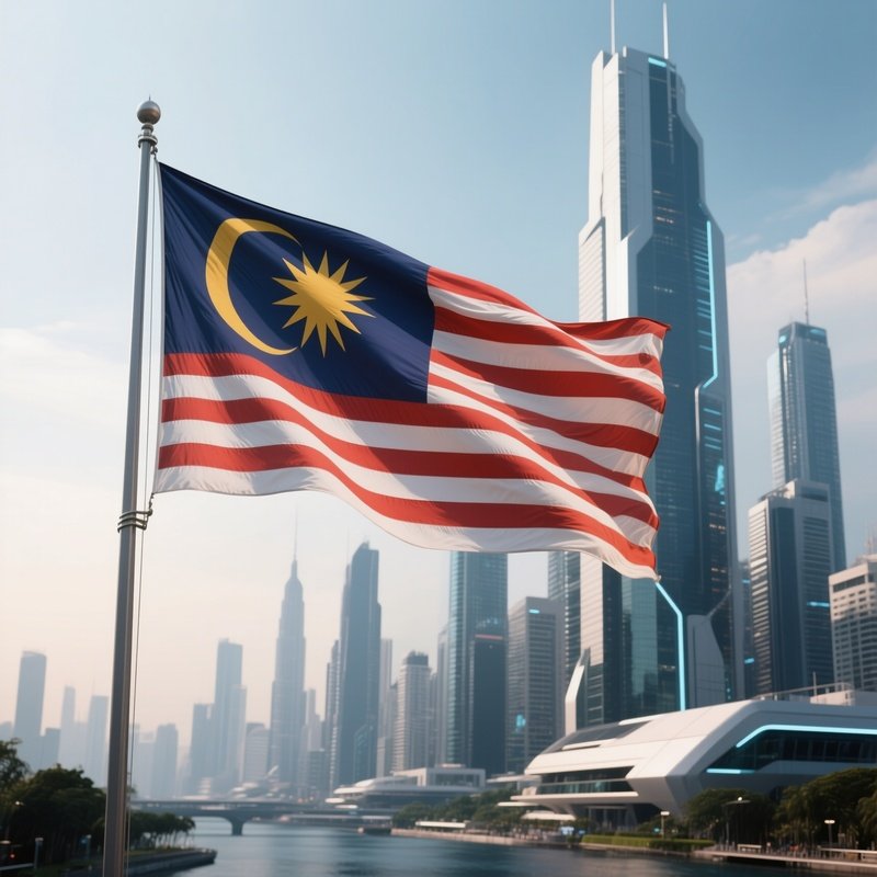 A Photorealistic Malaysian Flag Waving Beside A Futuristic City Skyline.