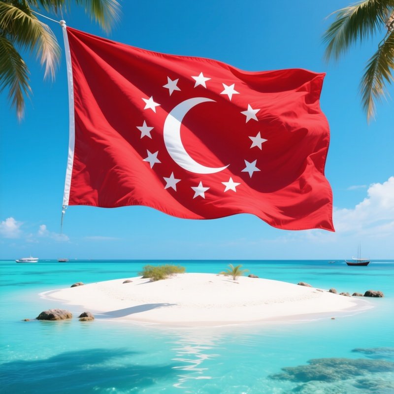 A Photorealistic Maldivian Flag Fluttering Above A White Sand Island Surrounded By Blue Lagoon