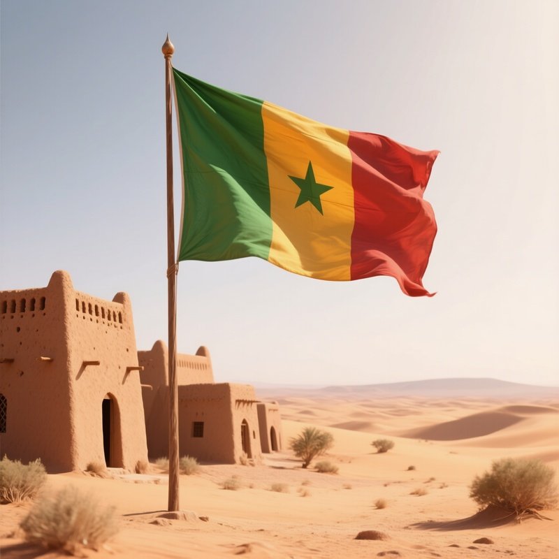 A Photorealistic Malian Flag Waving In Warm Desert Winds Near Adobe Structures.