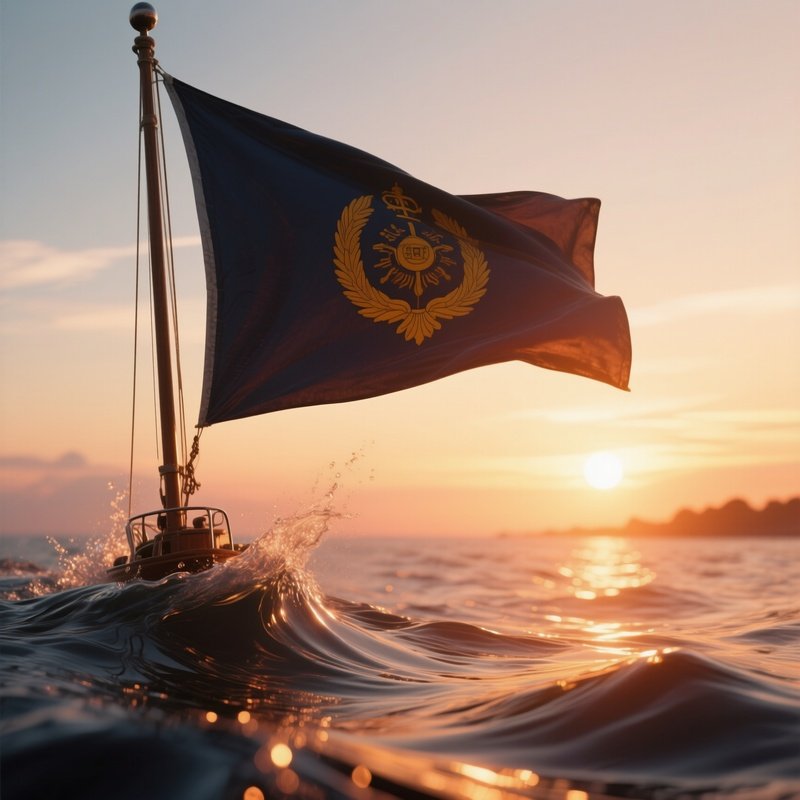 A Photorealistic Maritime Ensign Moving Fluidly In Warm Sunset Glow.