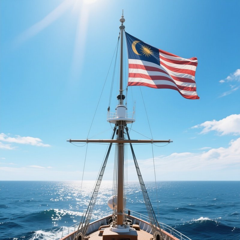 A Photorealistic Maritime Flag Fluttering Atop A Ship’S Mast Under Clear Sunny Skies With The Ocean Shimmering Below.