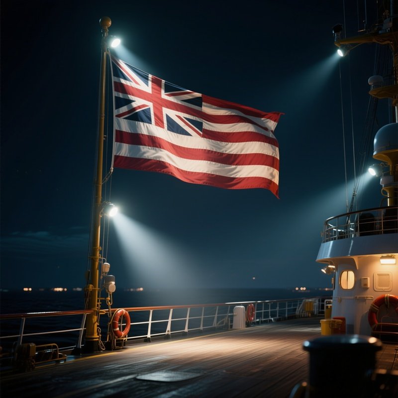 A Photorealistic Maritime Flag Illuminated By Deck Floodlights During A Night Watch.
