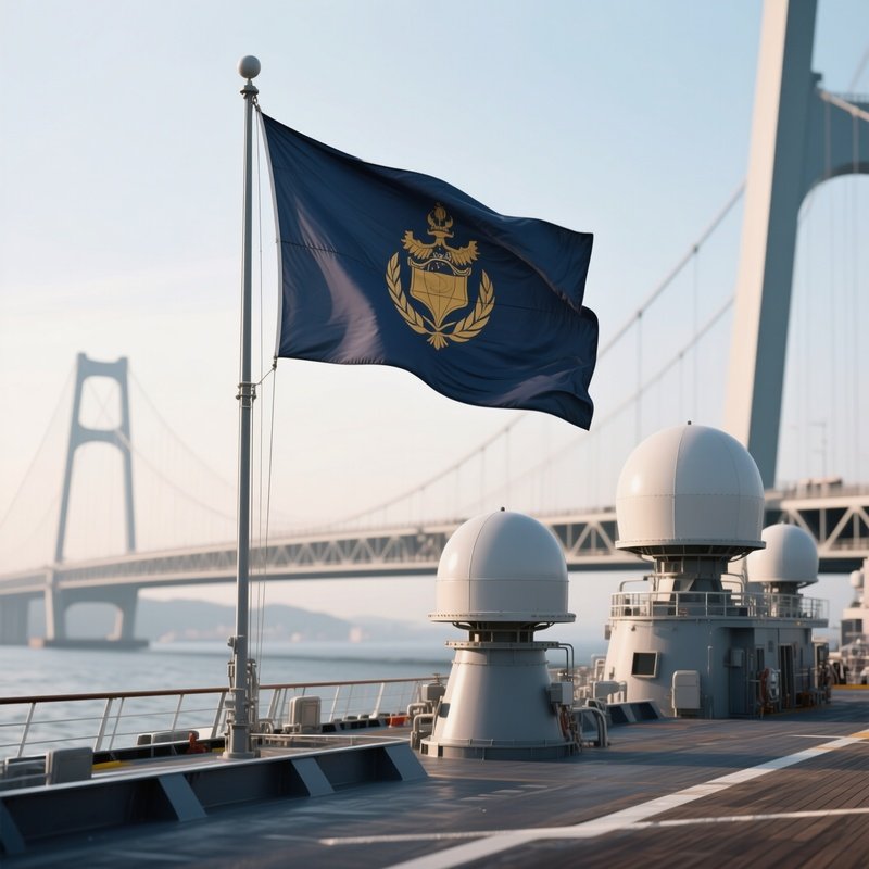 A Photorealistic Maritime Flag Waving Beside Radar Domes On A Modern Bridge Deck.