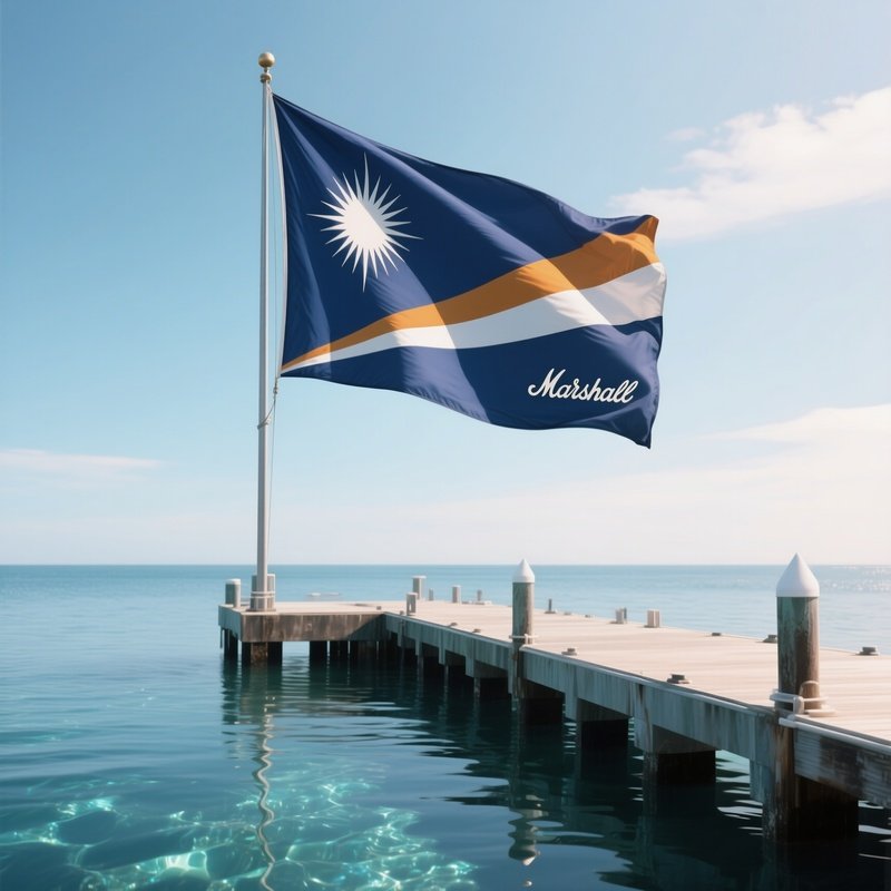 A Photorealistic Marshall Islands Flag Fluttering Beside A Quiet Pier Over Crystal Water.