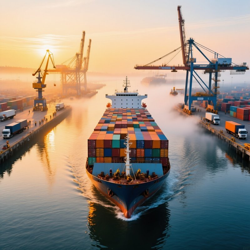 A Photorealistic Massive Cargo Ship Stacked High With Containers Approaching A Bustling Terminal At First Light