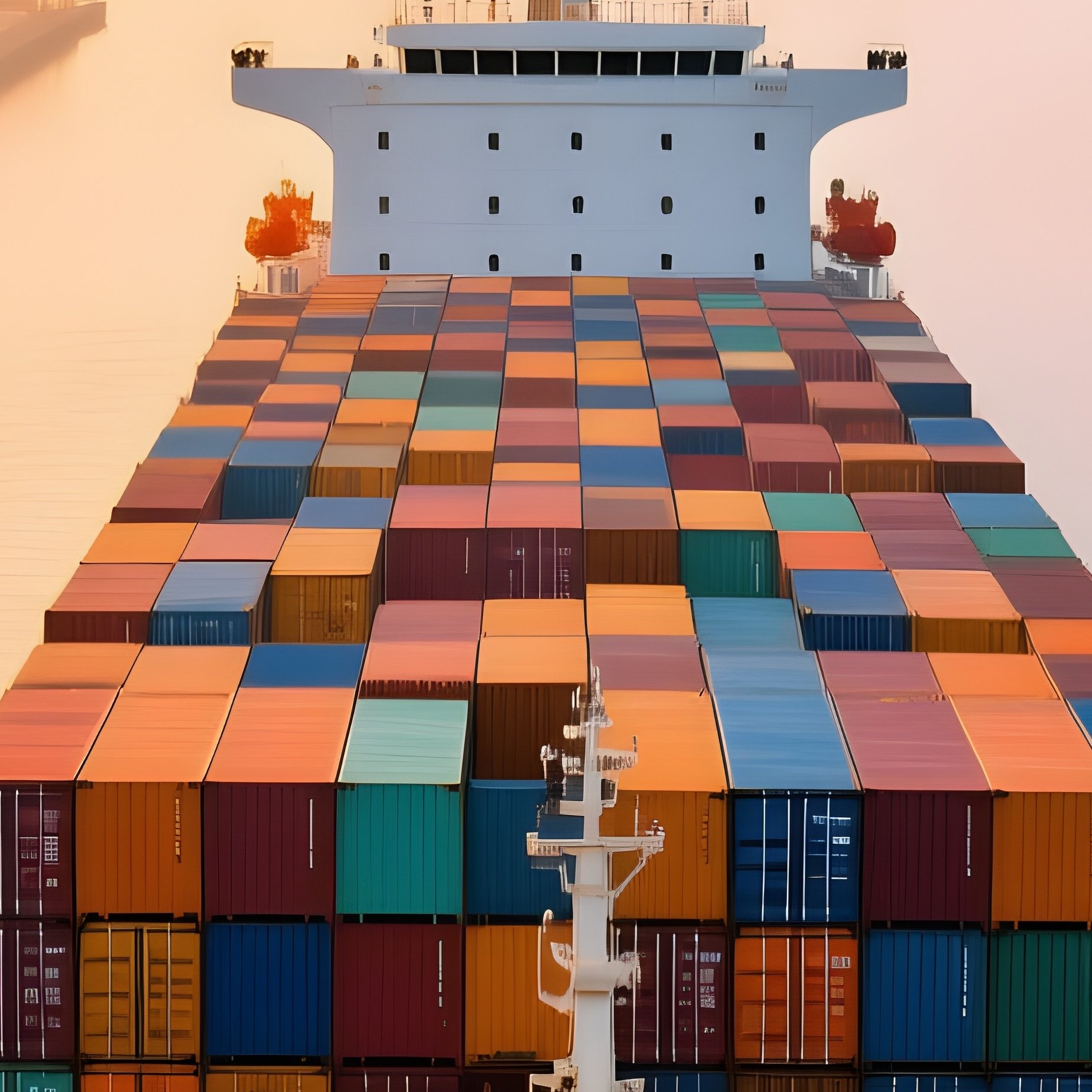 A Photorealistic Massive Cargo Ship Stacked High With Containers Approaching A Bustling Terminal At First Light - Full Resolution Quality Preview