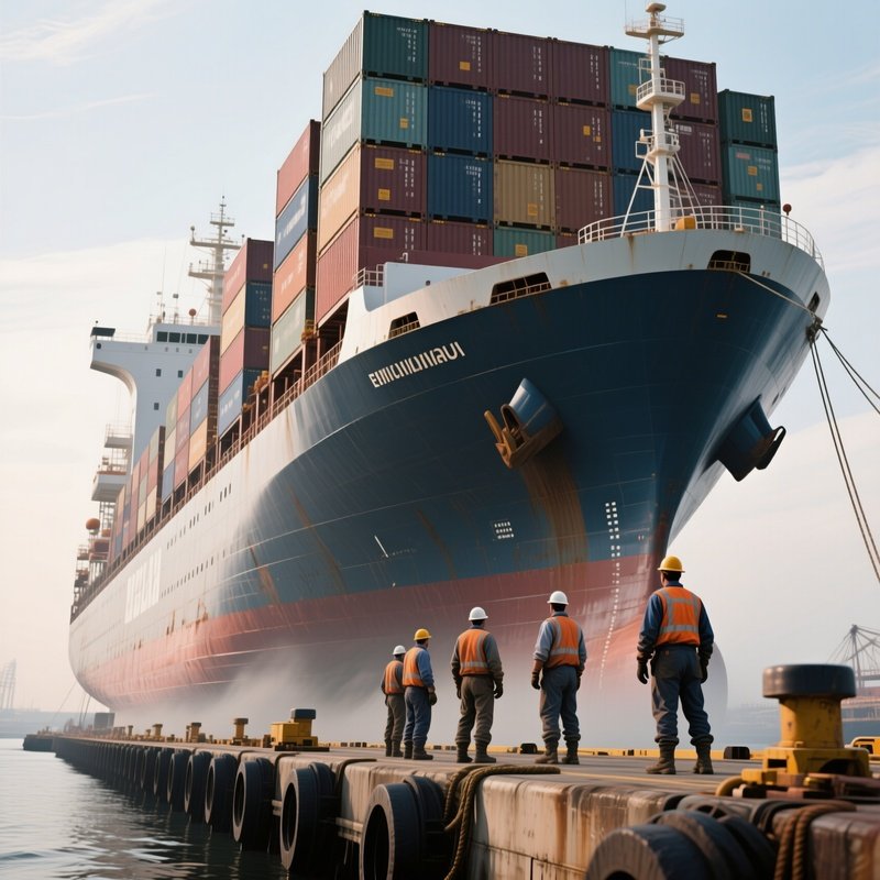 A Photorealistic Massive Container Ship Towering Above Workers Standing On The Quay Edge.