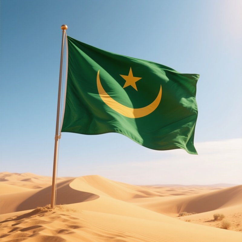 A Photorealistic Mauritanian Flag Waving Above Golden Dunes Under Clear Sky.