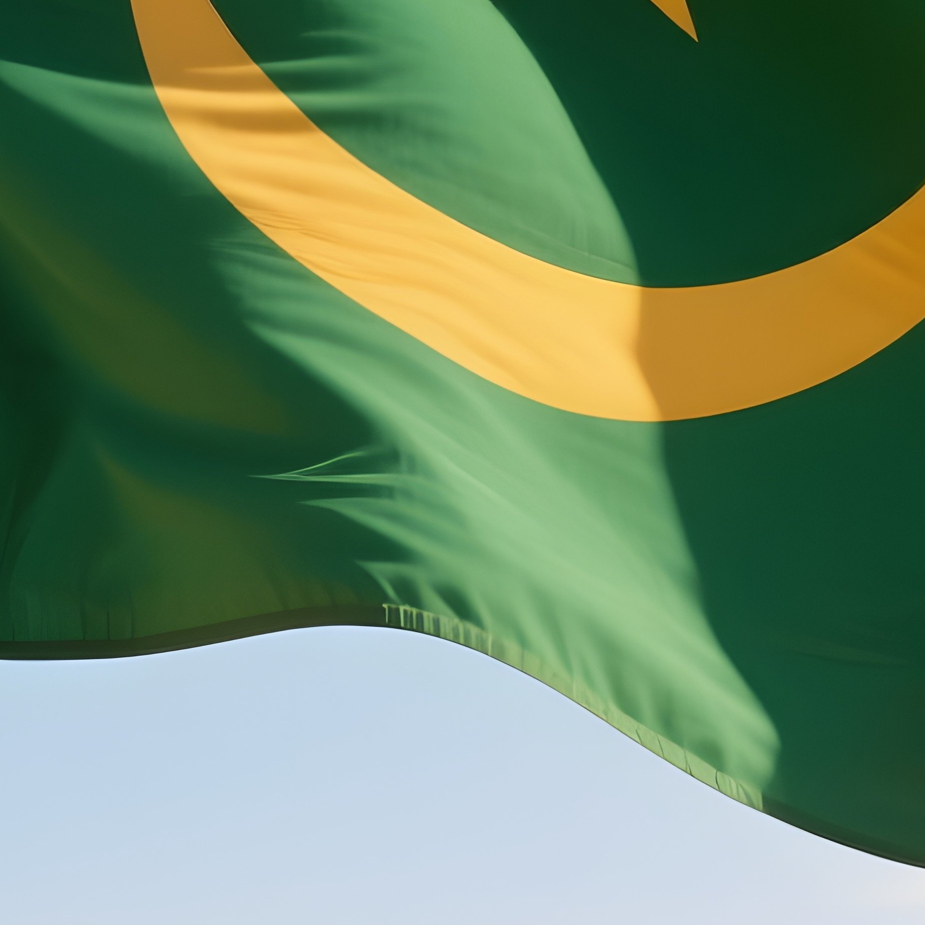 A Photorealistic Mauritanian Flag Waving Above Golden Dunes Under Clear Sky. - Full Resolution Quality Preview