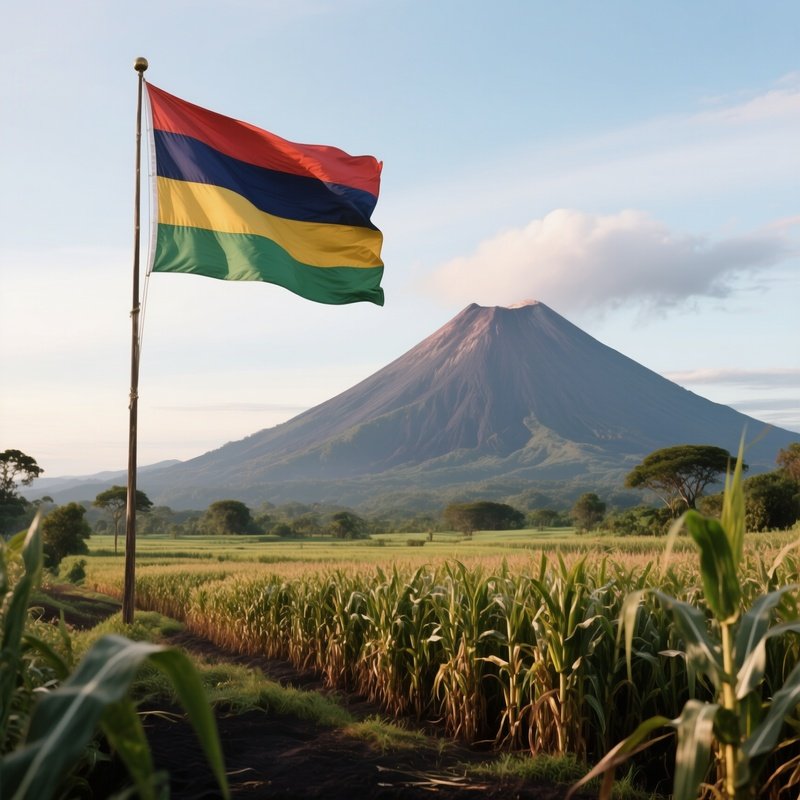 A Photorealistic Mauritian Flag Fluttering Beside A Volcanic Mountain Surrounded By Sugarcane Fields.