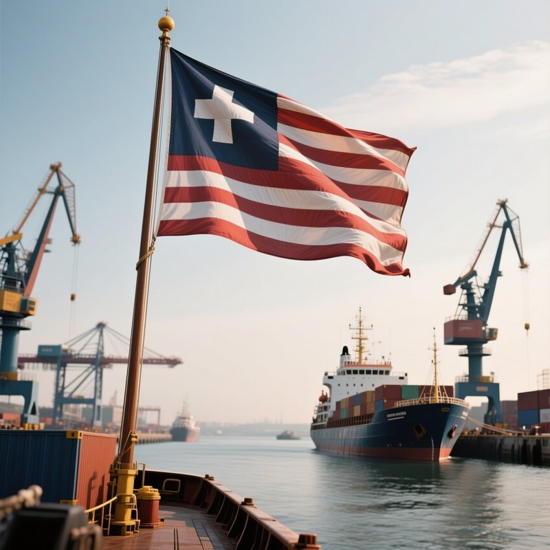 A Photorealistic Merchant Flag Flying On A Cargo Vessel Leaving Port With Cranes In The Background.