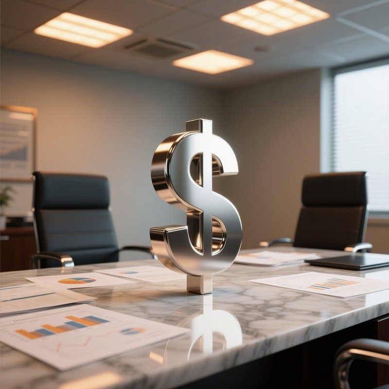 A Photorealistic Metal Dollar Sign Placed On A Polished Marble Office Desk Surrounded By Financial Reports Reflecting Warm Ceiling Lights.