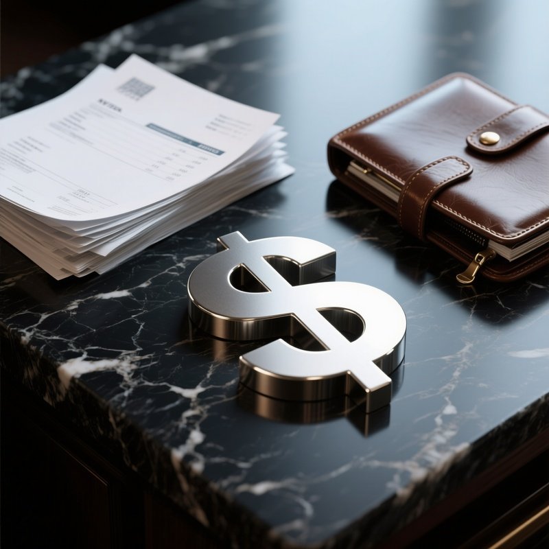 A Photorealistic Metal Dollar Symbol Resting On Dark Marble Next To Stacked Invoices And An Opened Leather Portfolio.