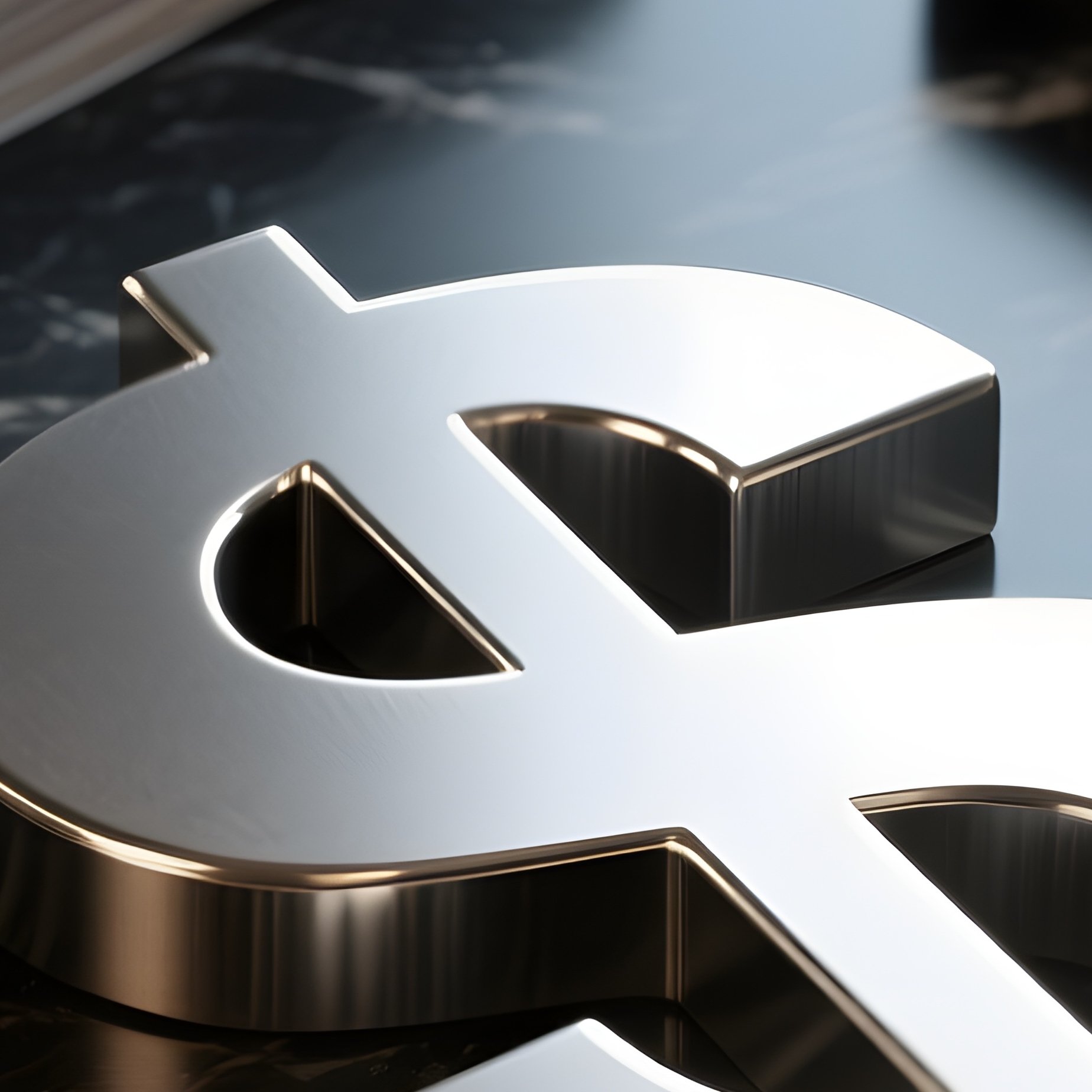 A Photorealistic Metal Dollar Symbol Resting On Dark Marble Next To Stacked Invoices And An Opened Leather Portfolio. - Full Resolution Quality Preview