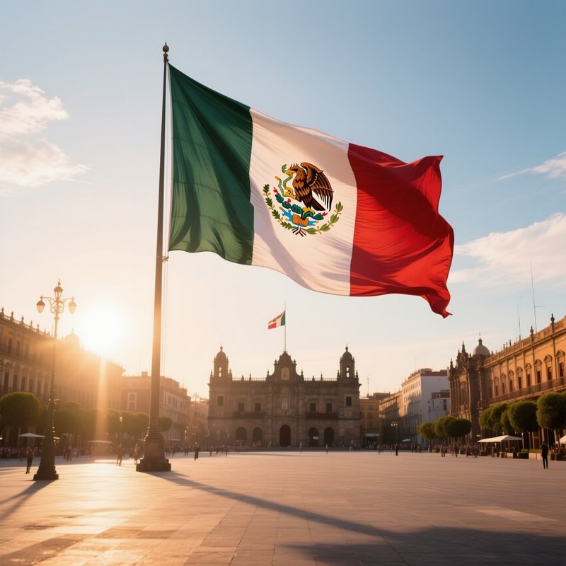 A Photorealistic Mexican Flag Waving Proudly Above A Wide Plaza With Warm Sunlight.