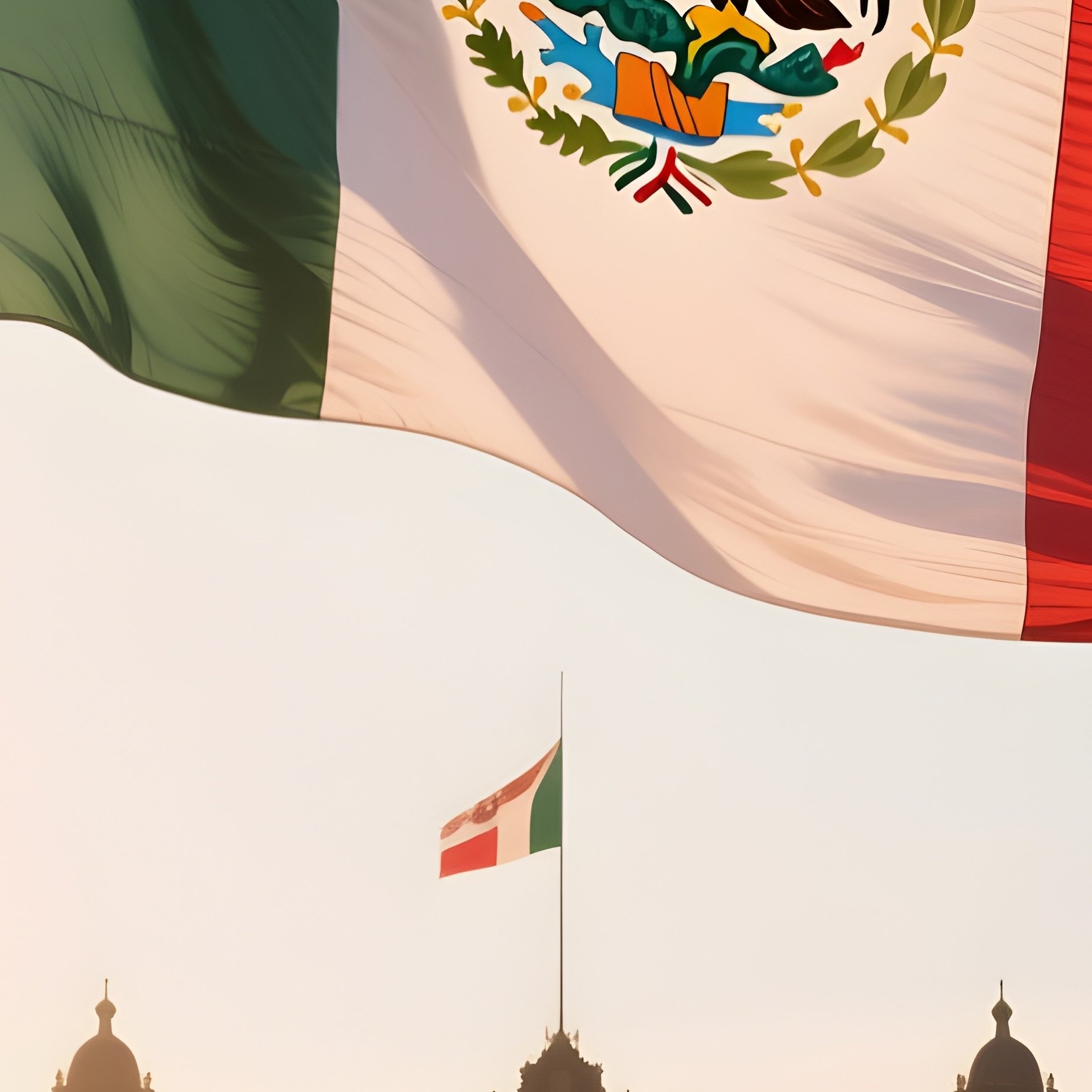 A Photorealistic Mexican Flag Waving Proudly Above A Wide Plaza With Warm Sunlight. - Full Resolution Quality Preview