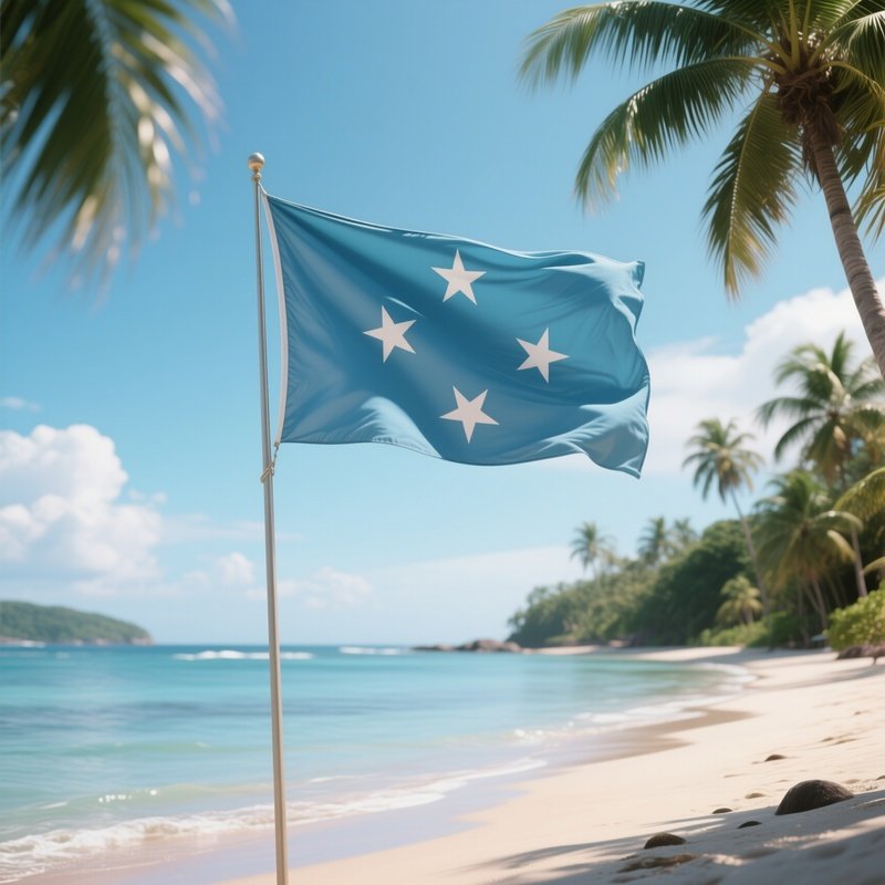 A Photorealistic Micronesian Flag Fluttering Above A Calm Tropical Shoreline.