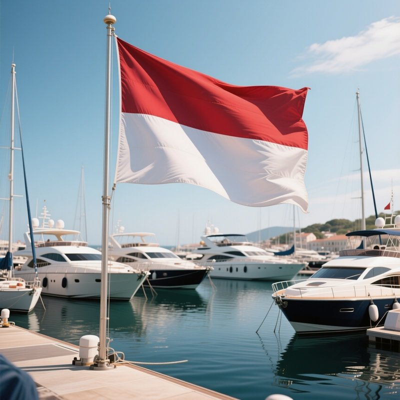A Photorealistic Monégasque Flag Fluttering Beside A Yacht Filled Marina.