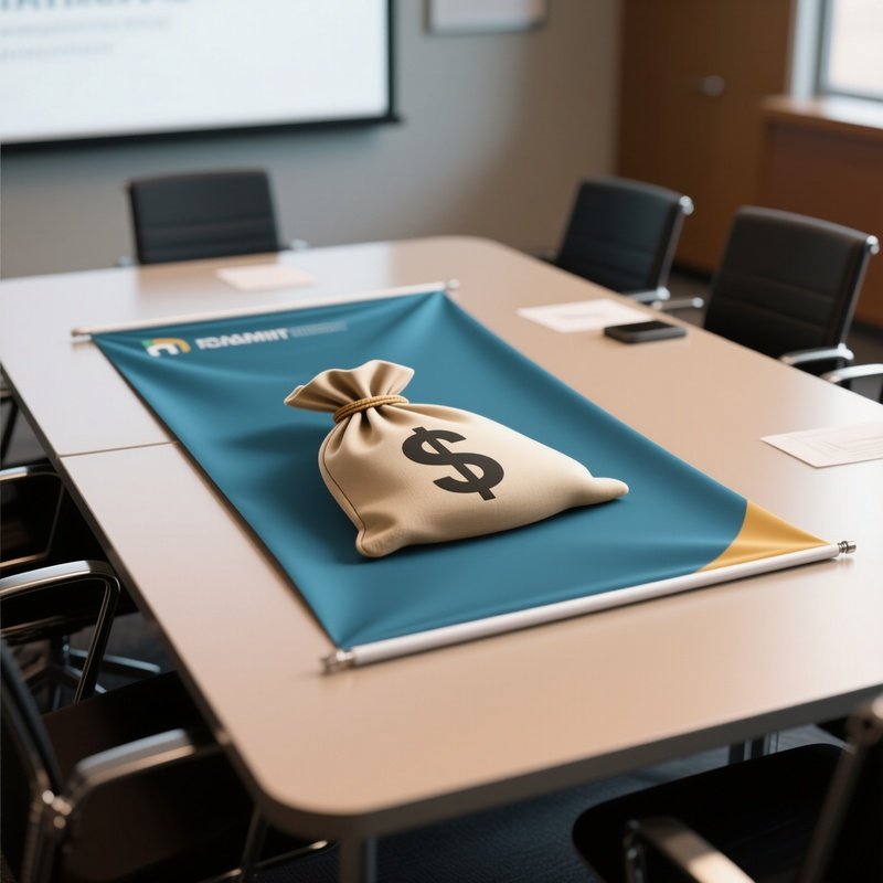 A Photorealistic Money Bag Icon Printed On A Marketing Banner Lying On A Conference Table.