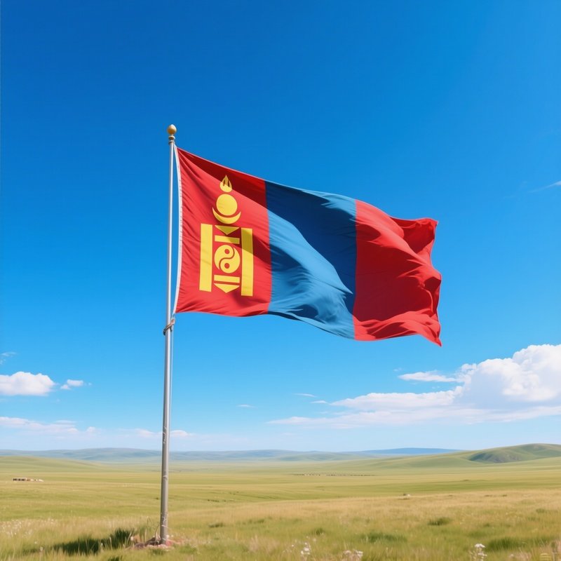 A Photorealistic Mongolian Flag Waving On Open Steppe Under Huge Blue Sky.