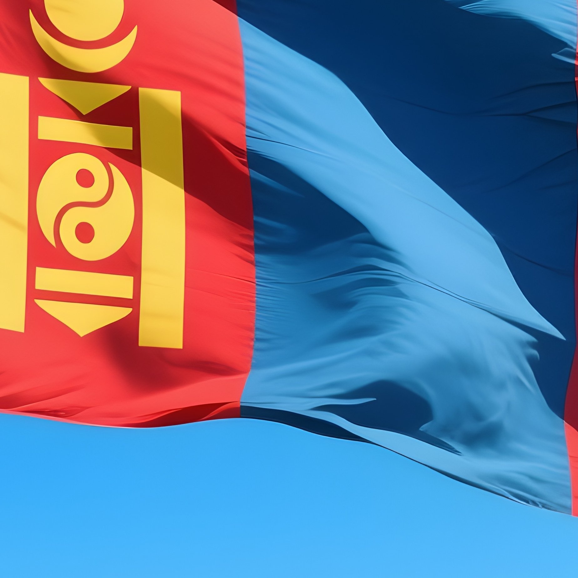 A Photorealistic Mongolian Flag Waving On Open Steppe Under Huge Blue Sky. - Full Resolution Quality Preview