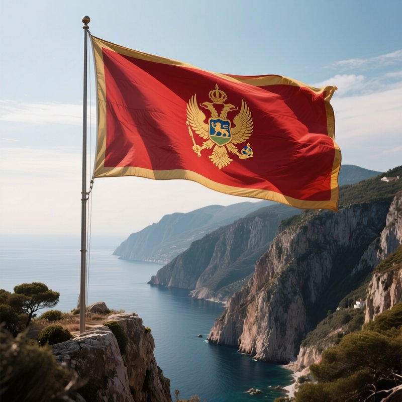 A Photorealistic Montenegrin Flag Fluttering Over Dramatic Adriatic Cliffs.