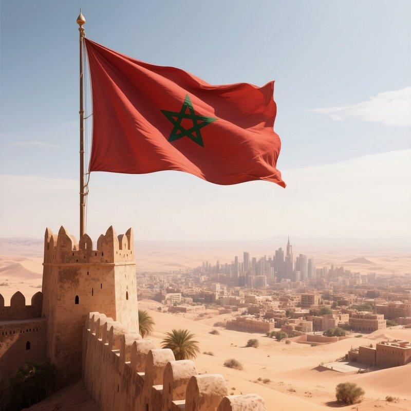 A Photorealistic Moroccan Flag Waving Atop A Fortress Overlooking A Desert City.